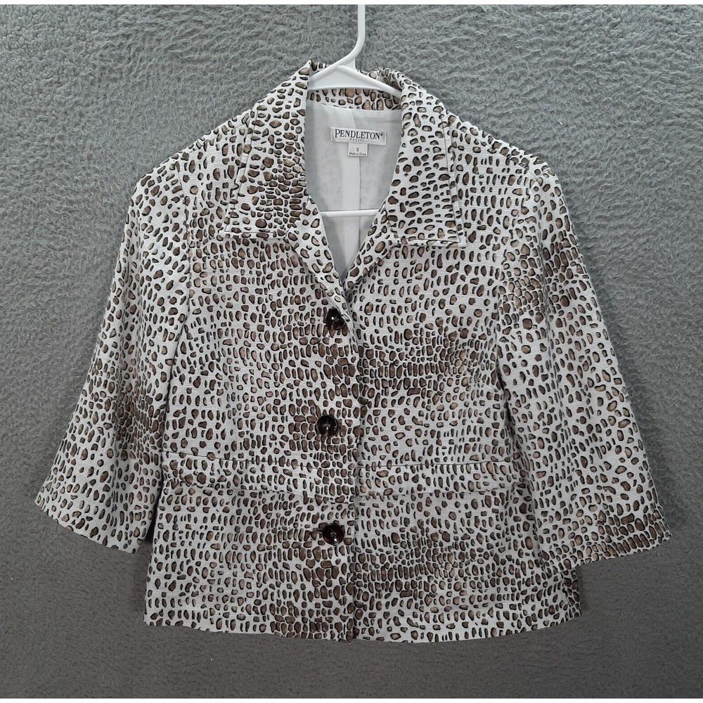 Pendleton Jacket Womens Small White Brown Cheetah Print Linen Blend Careerwear *